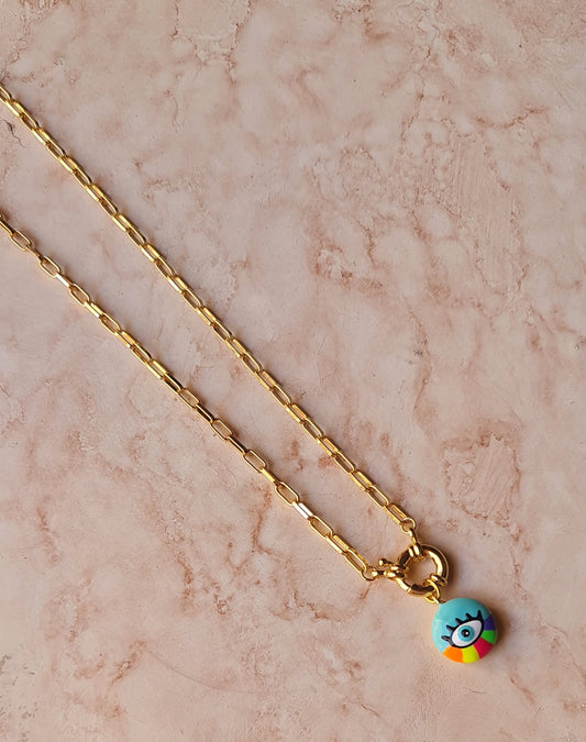 Golden Chains With Sailor Lock & Colorful Eyes Necklace