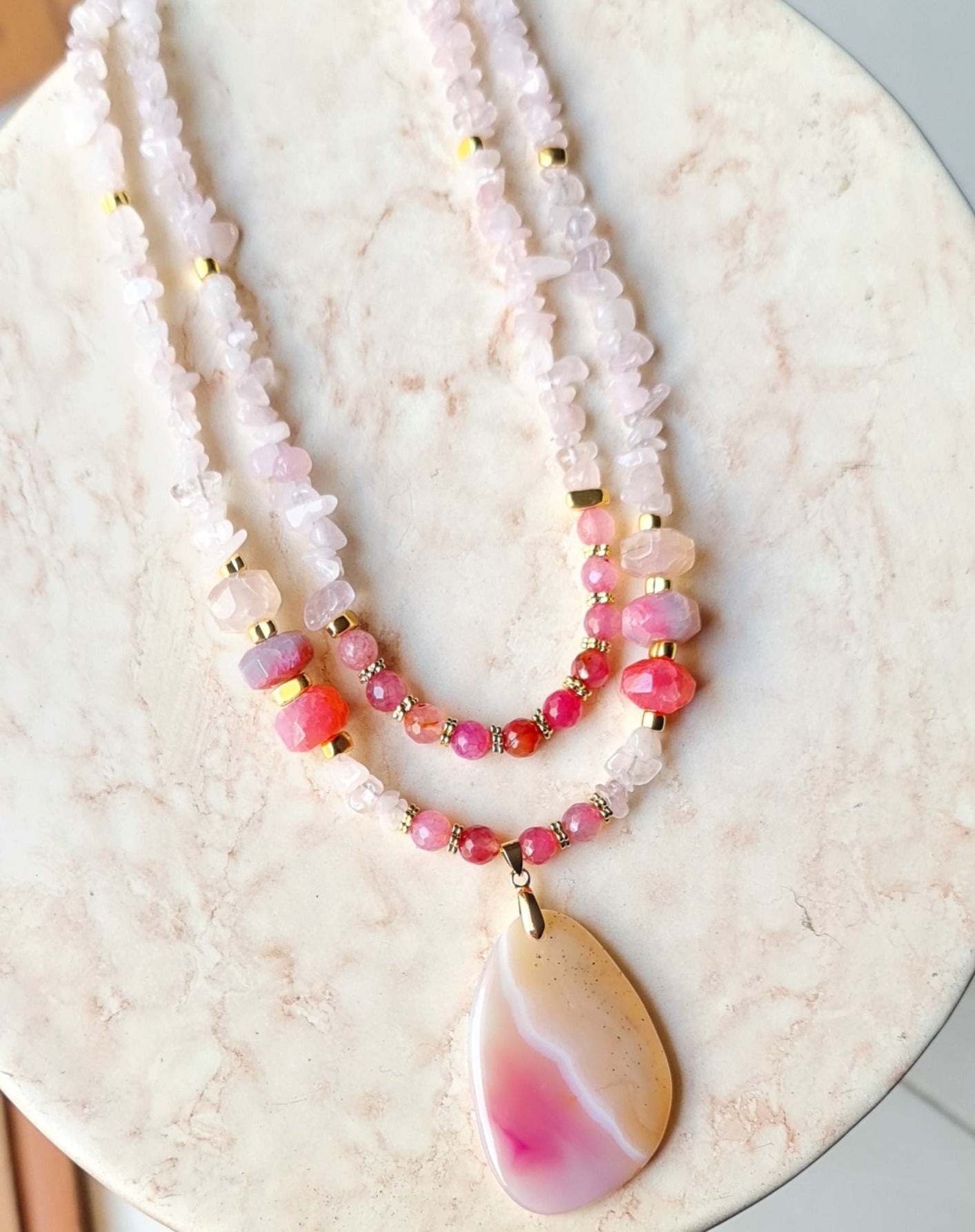 Rose Quartz & Agate Two Layers Necklace