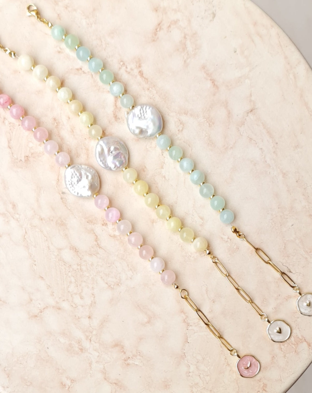 Pastel Colored Jade & Fresh Water Pearls Bracelets