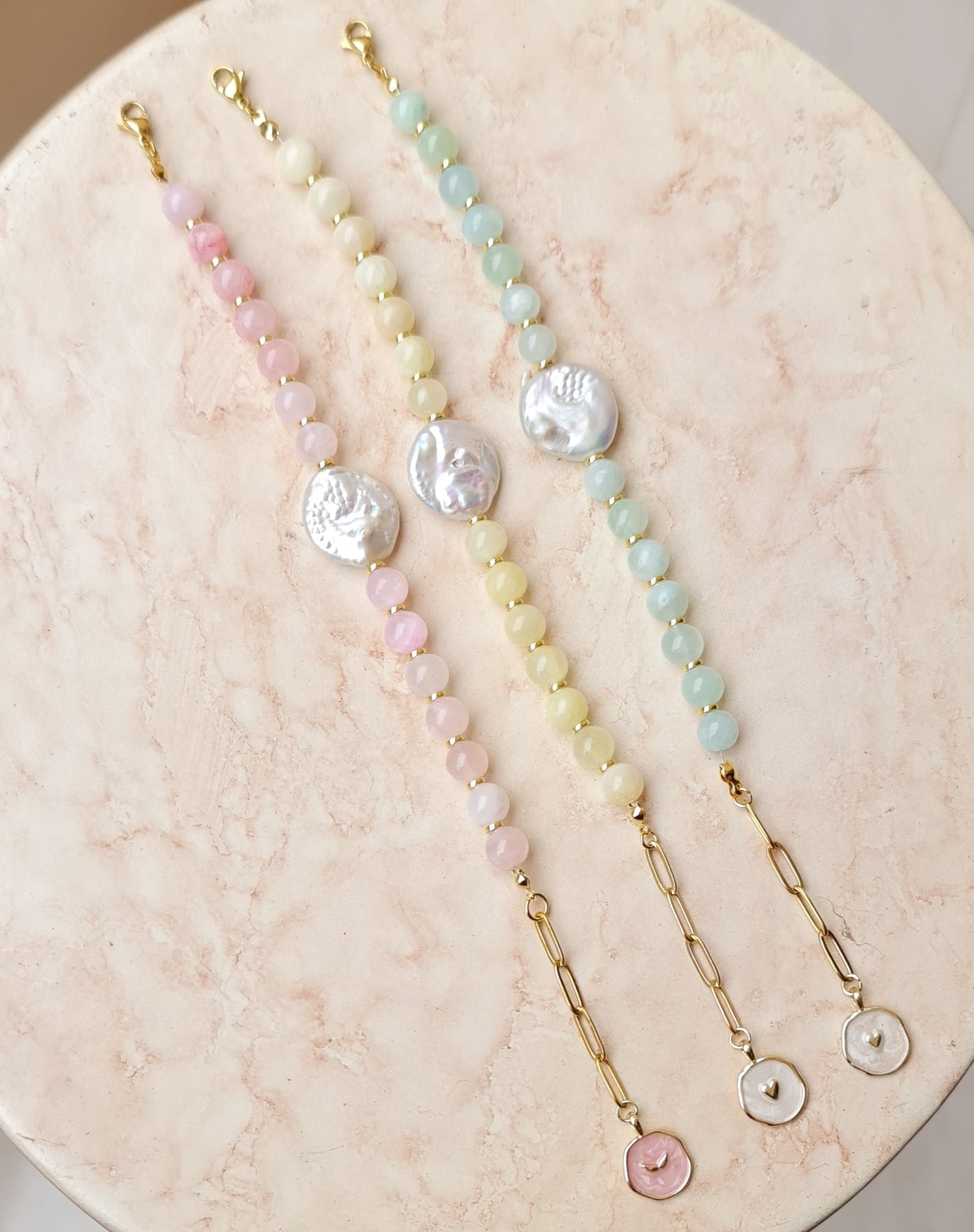 Pastel Colored Jade & Fresh Water Pearls Bracelets