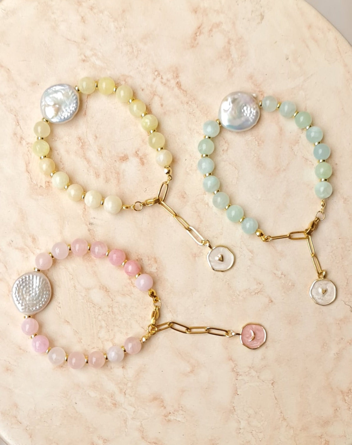 Pastel Colored Jade & Fresh Water Pearls Bracelets