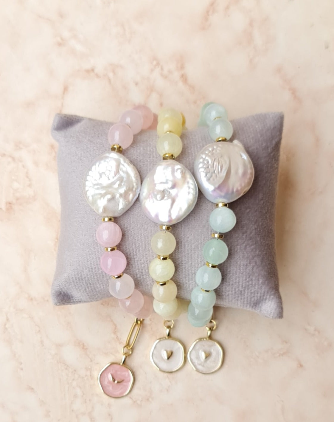 Pastel Colored Jade & Fresh Water Pearls Bracelets