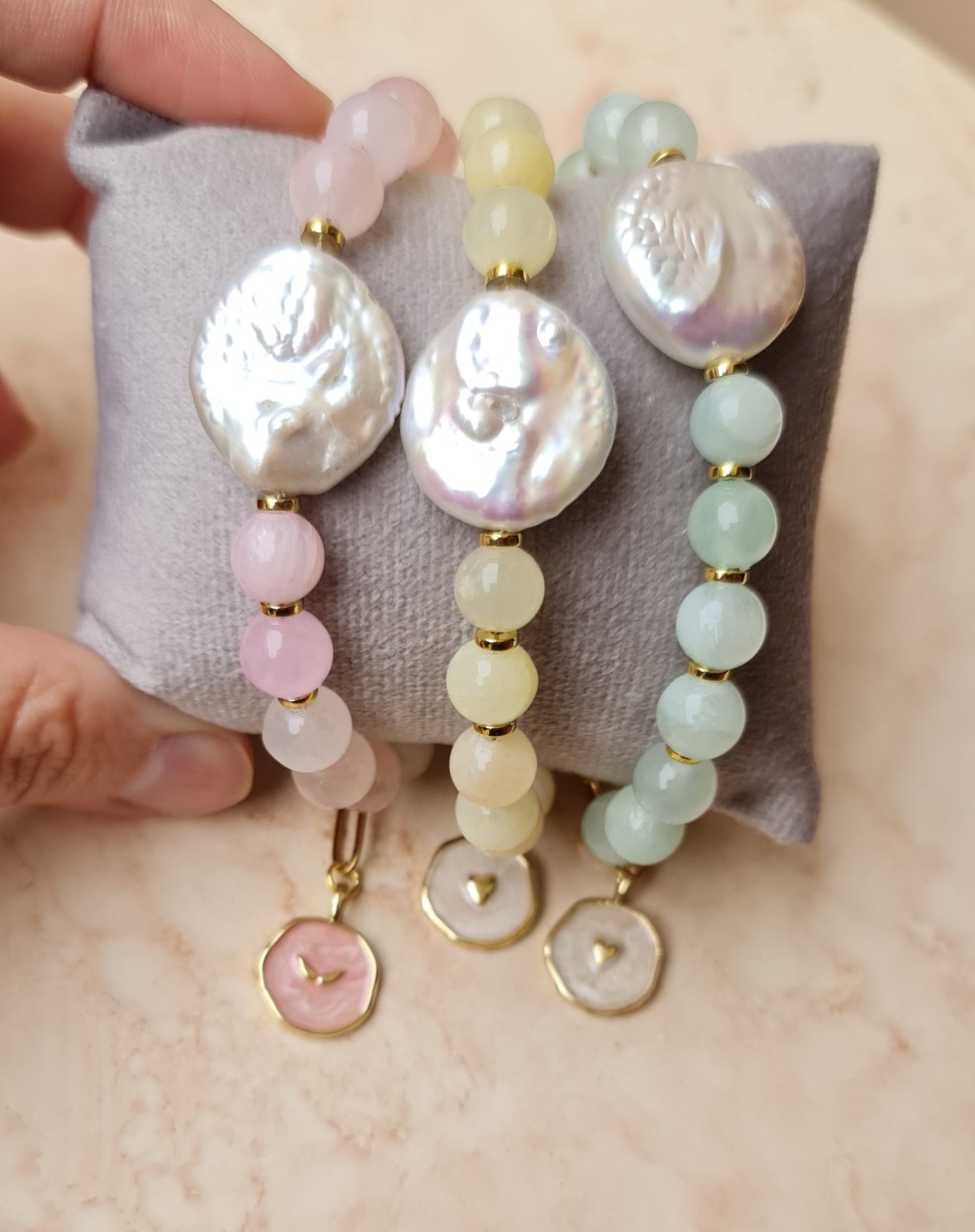 Pastel Colored Jade & Fresh Water Pearls Bracelets