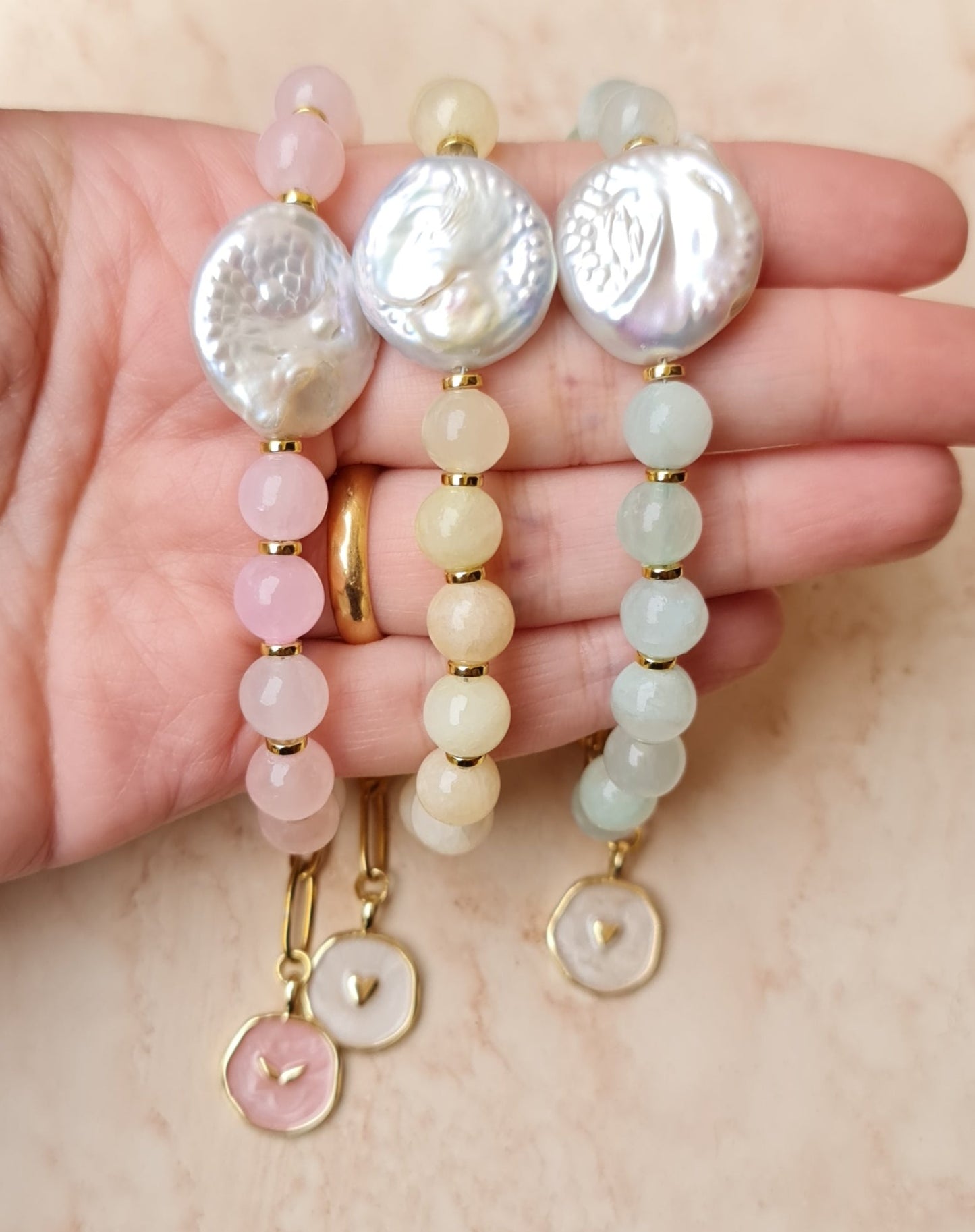 Pastel Colored Jade & Fresh Water Pearls Bracelets