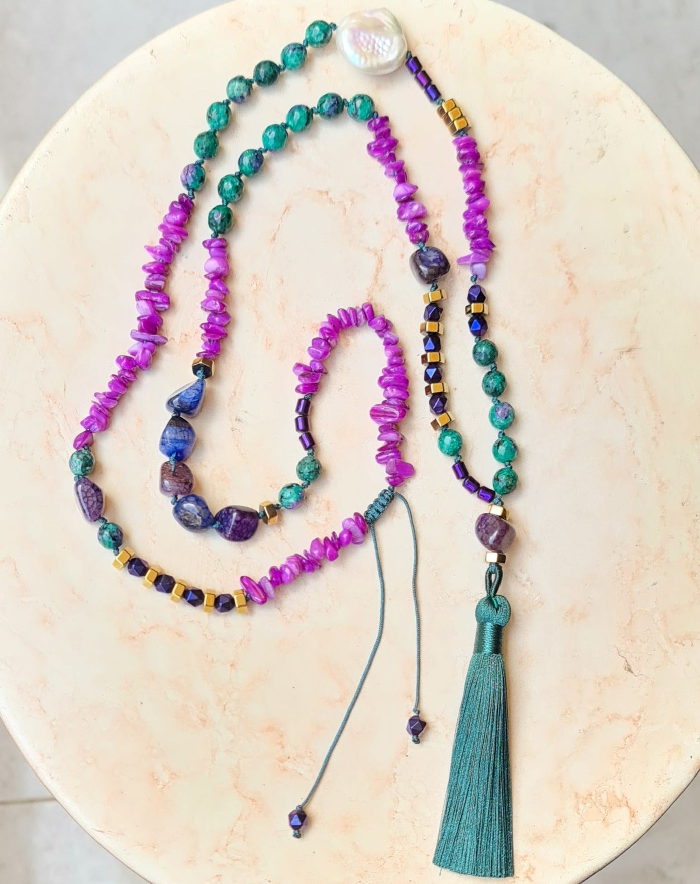 Colorful Long Agate & Hematite Necklace