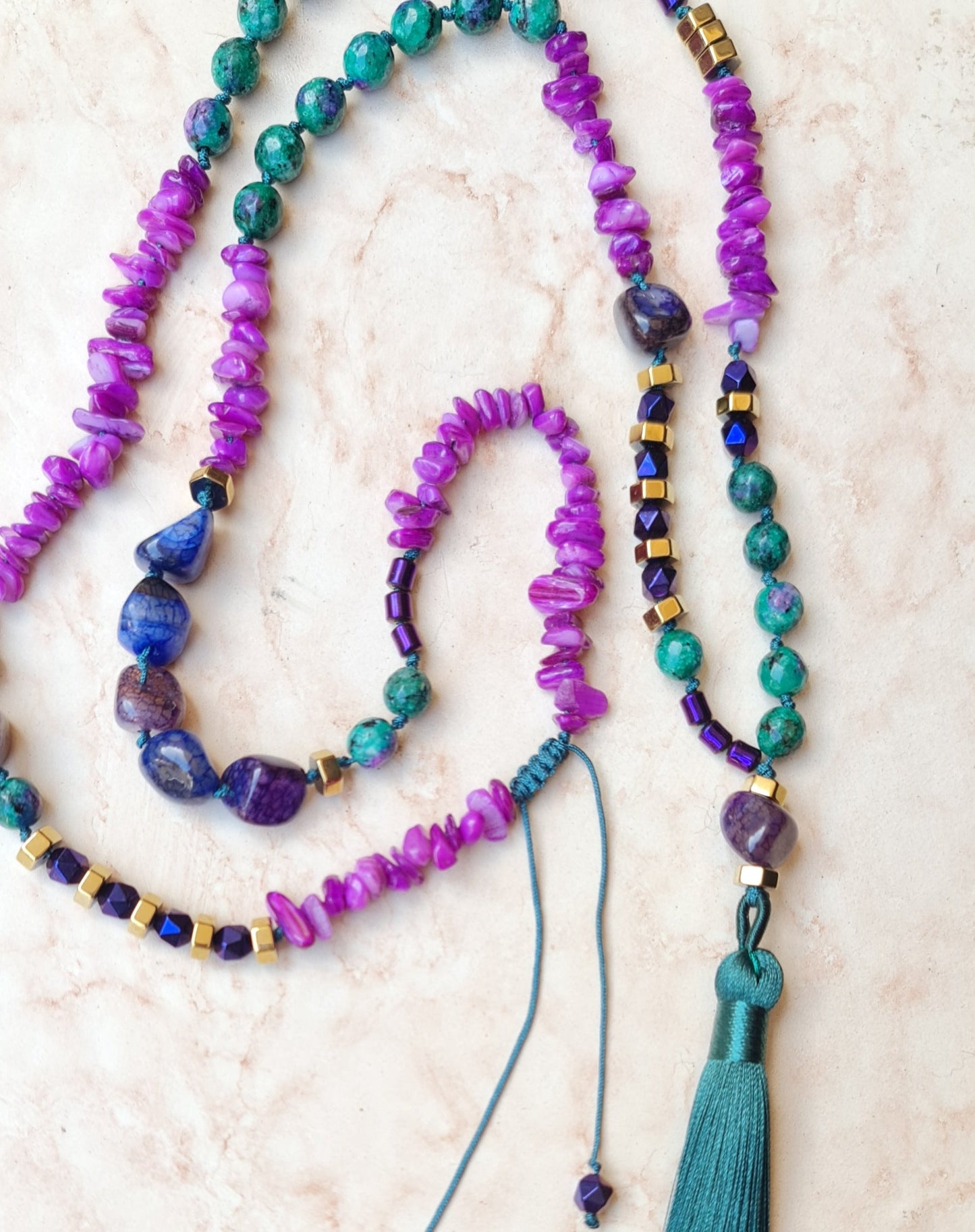 Colorful Long Agate & Hematite Necklace