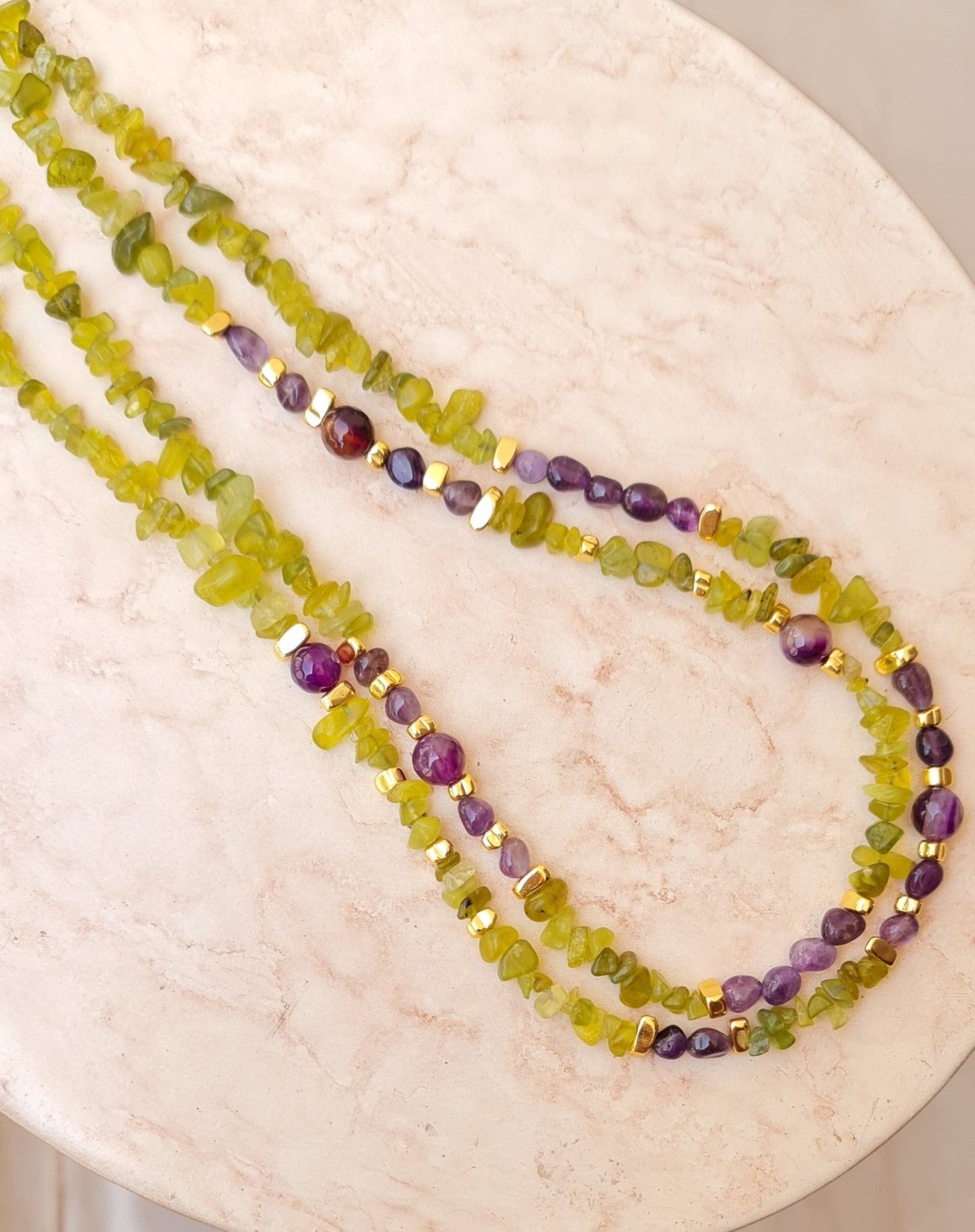 Two Layers Agate & Amethyst Stones Necklace