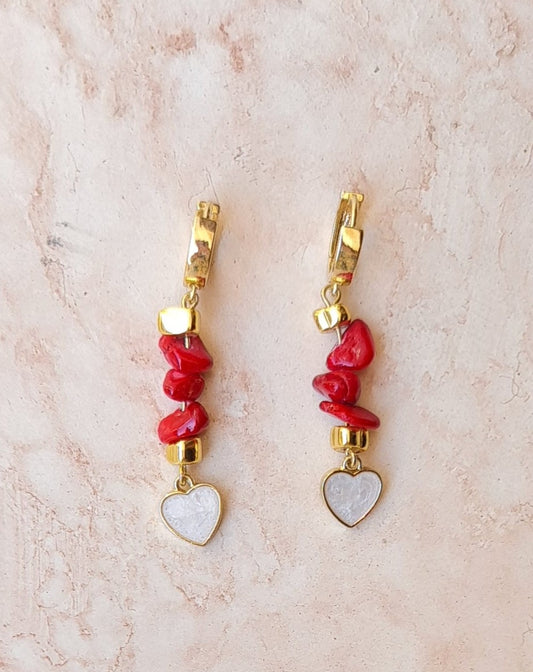 Red Stones With White Heart Earrings