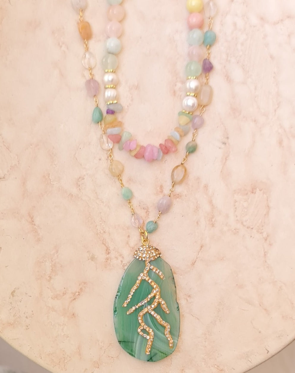 Pastel Two Layers Agate Necklace With Stone Pendant