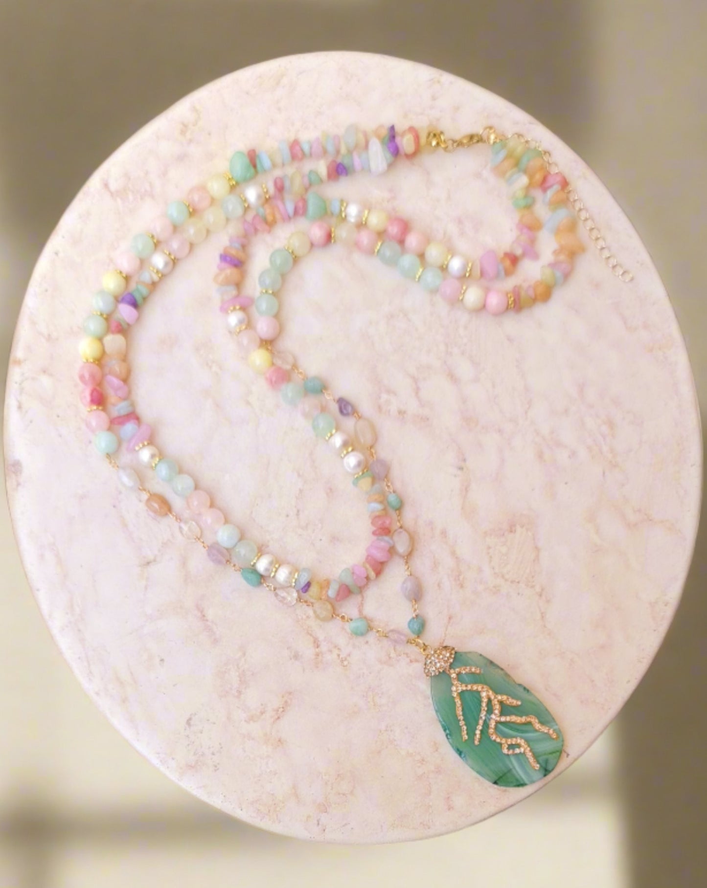 Pastel Two Layers Agate Necklace With Stone Pendant