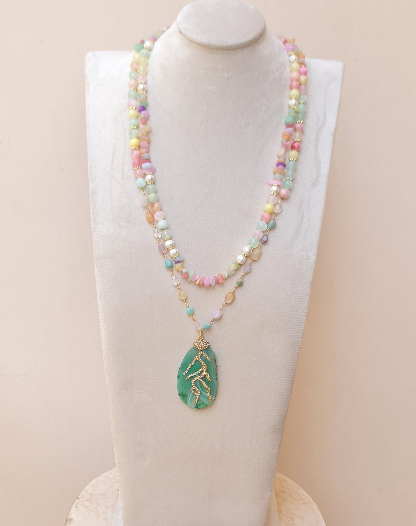 Pastel Two Layers Agate Necklace With Stone Pendant