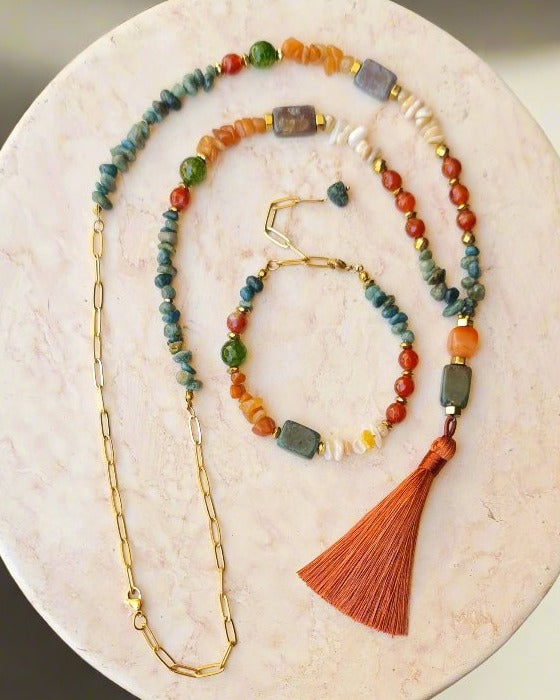 Agate & Stone Chips Necklace & Bracelet Set