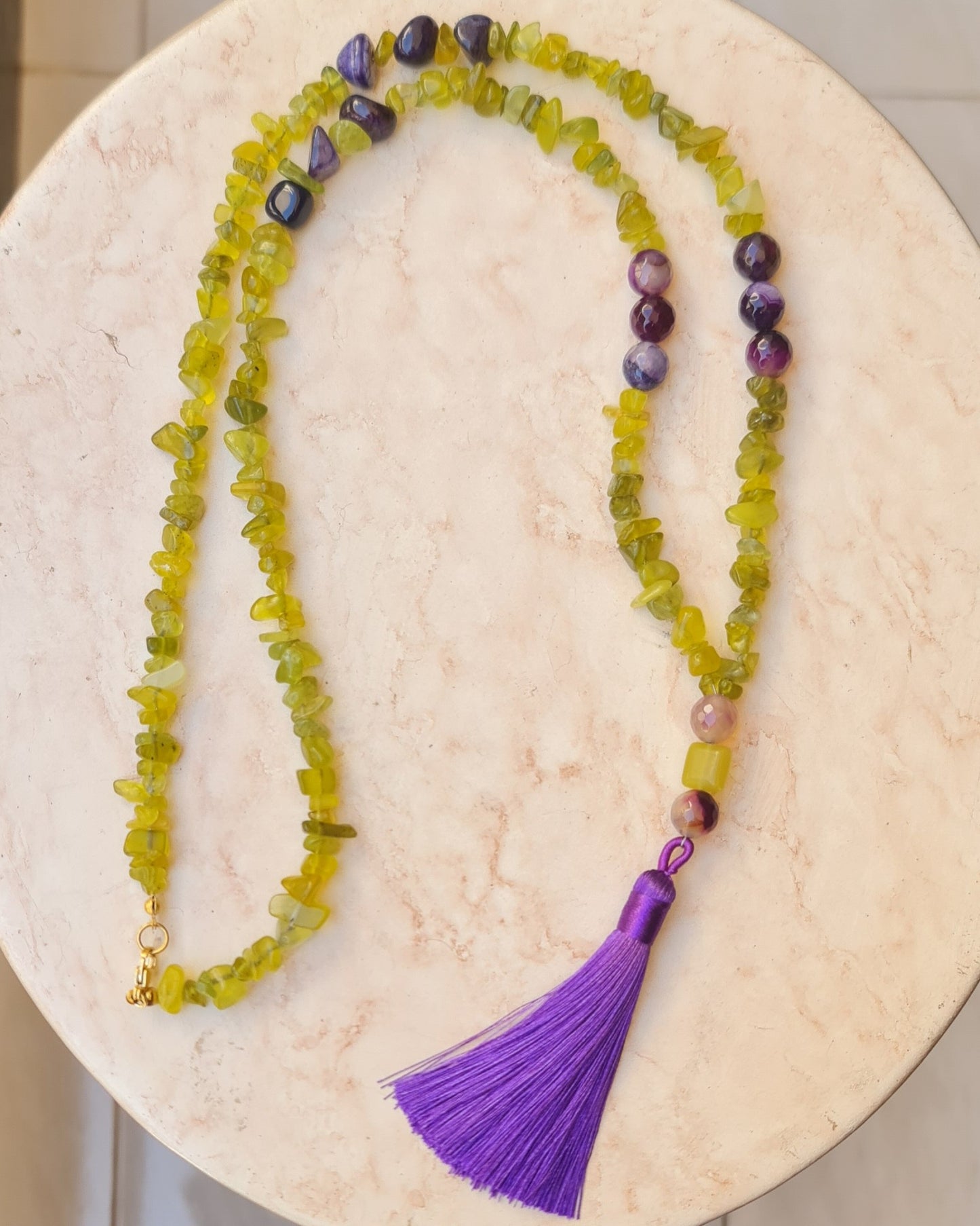 Agate & Stone Chips Long Necklace With Tassels