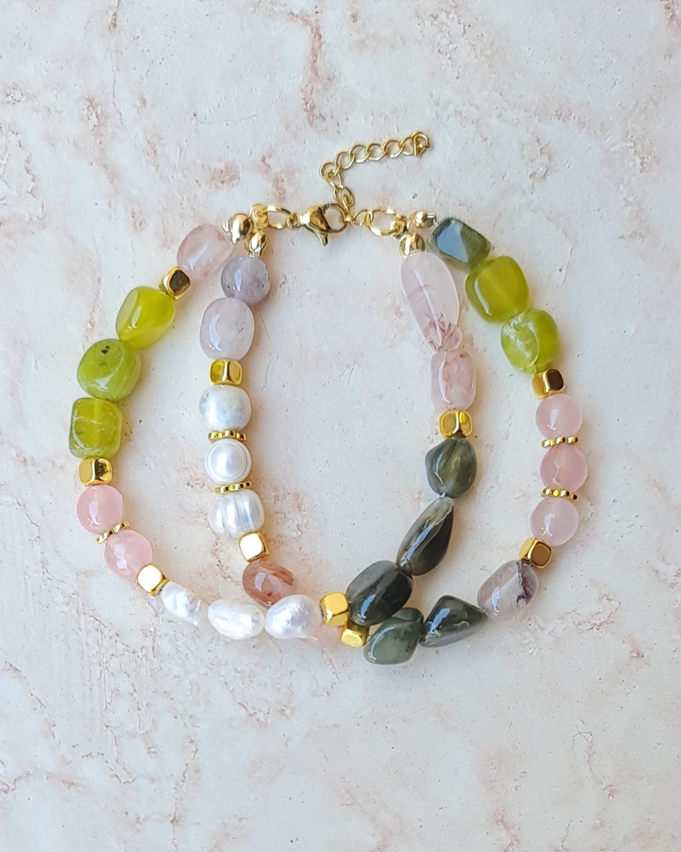 Two Layers Stones & Pearls Bracelet