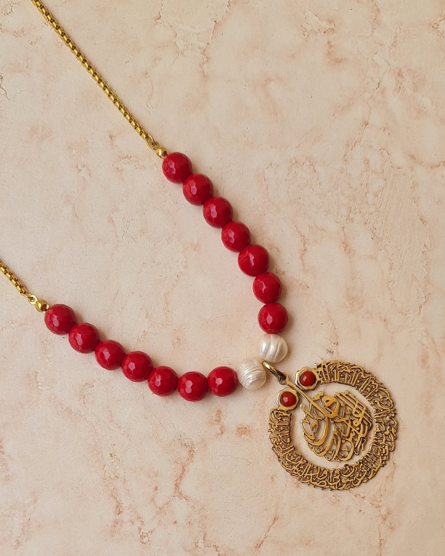 Red Agate Necklace With Islamic Copper Pendant