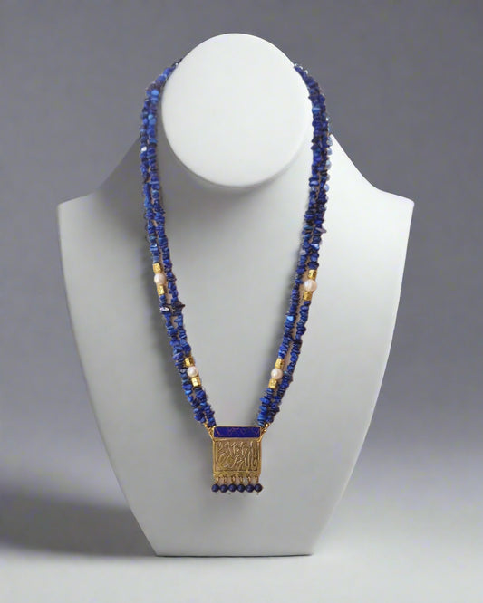 Two Layers Stone & Pearls Necklace With Copper Pendant