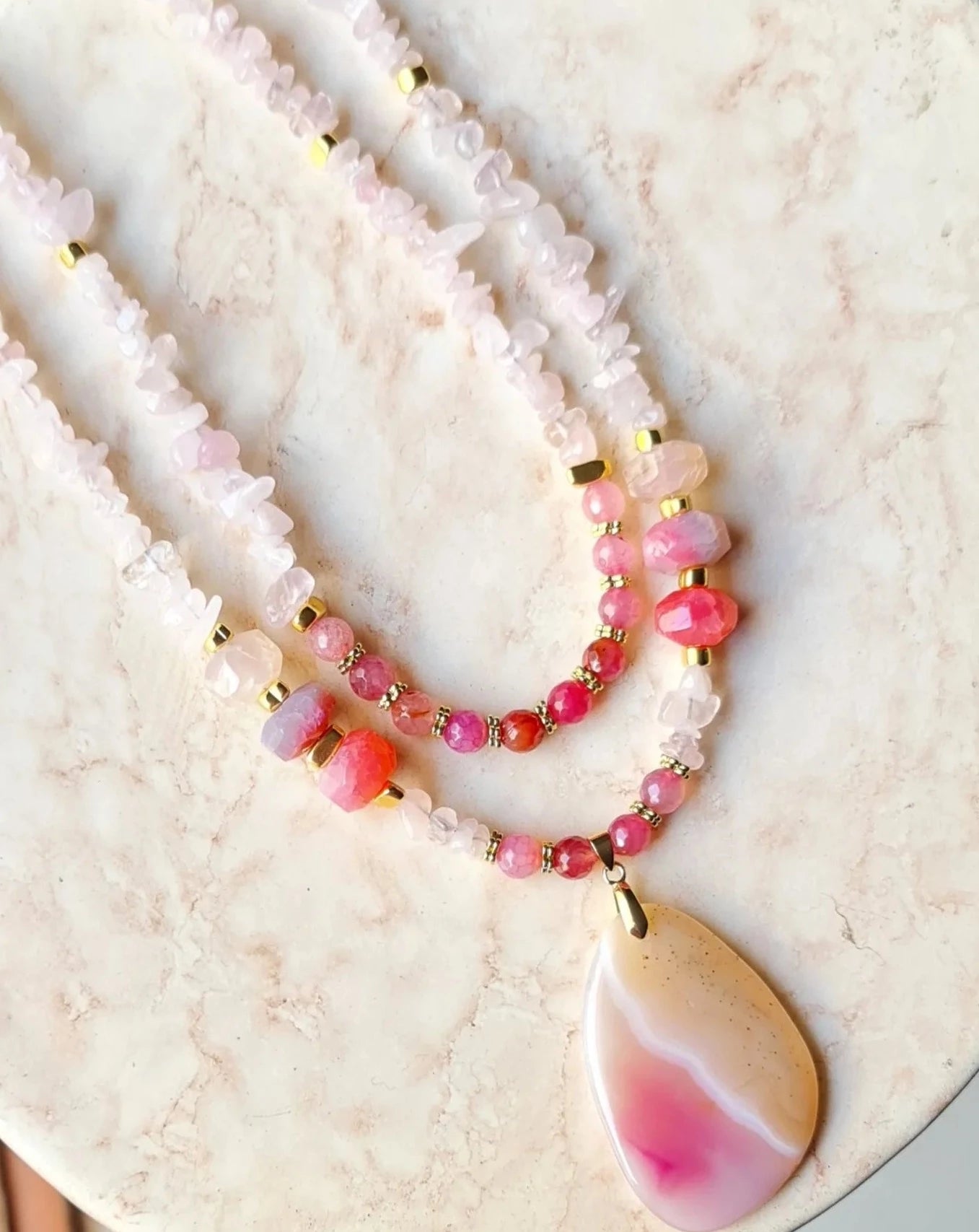 Rose Quartz & Agate Two Layers Necklace